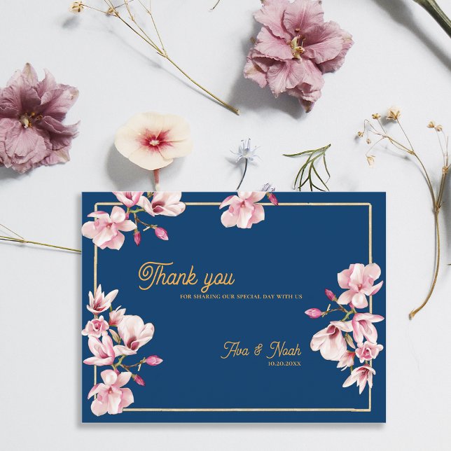Magnolia Navy Blue Floral Wedding Thank You Postcard (Magnolia Navy Blue Floral Wedding Thank You Postcard)