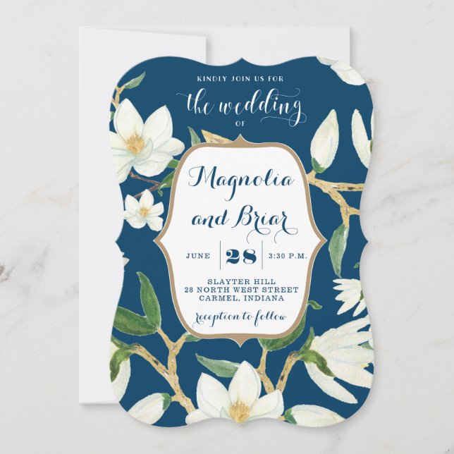 Magnolia Navy Floral Wedding Invitation (Front)