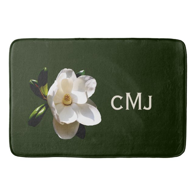 Magnolia on Dark Green with Monogram Bath Mat (Front)