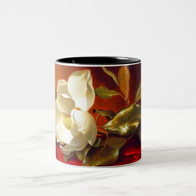 Magnolia on Red Velvet Martin Johnson Heade Two-Tone Coffee Mug (Center)