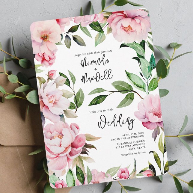 Magnolia Peony Pink Watercolor Floral Wedding Invitation (Creator Uploaded)