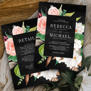Magnolia Pink Floral All in One Black Wedding Invitation