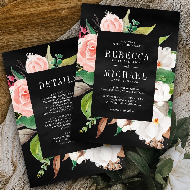 Magnolia Pink Floral All in One Black Wedding Invitation (Creator Uploaded)