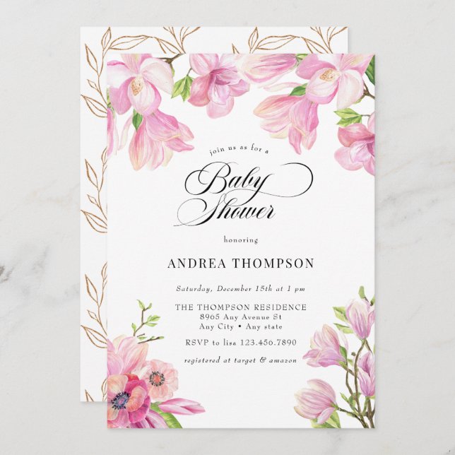  Magnolia | Pink Floral Baby Shower  Invitation (Front/Back)