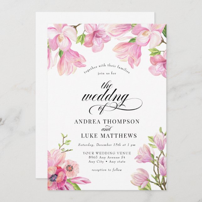  Magnolia | Pink Floral Wedding Invitations (Front/Back)