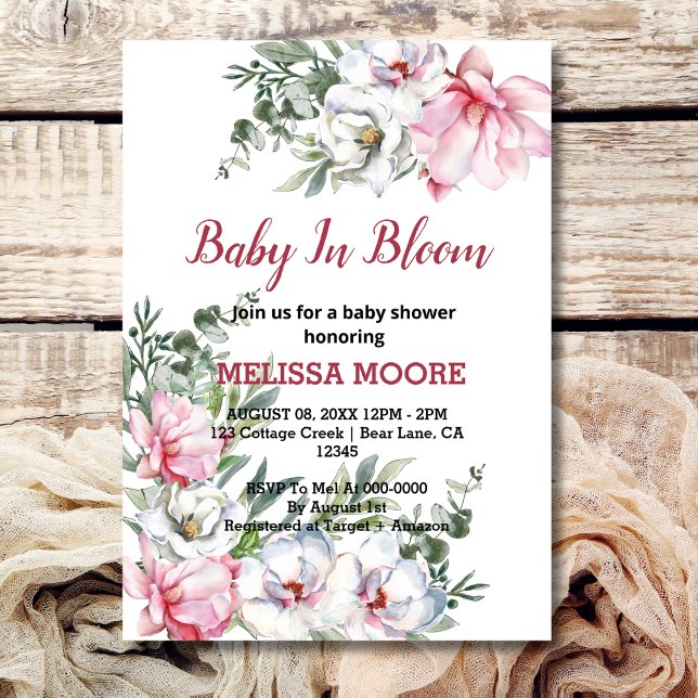 Magnolia pink white baby in bloom invitation (Creator Uploaded)