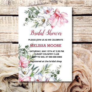 Magnolia Pink White Flower Bridal Shower Invitation