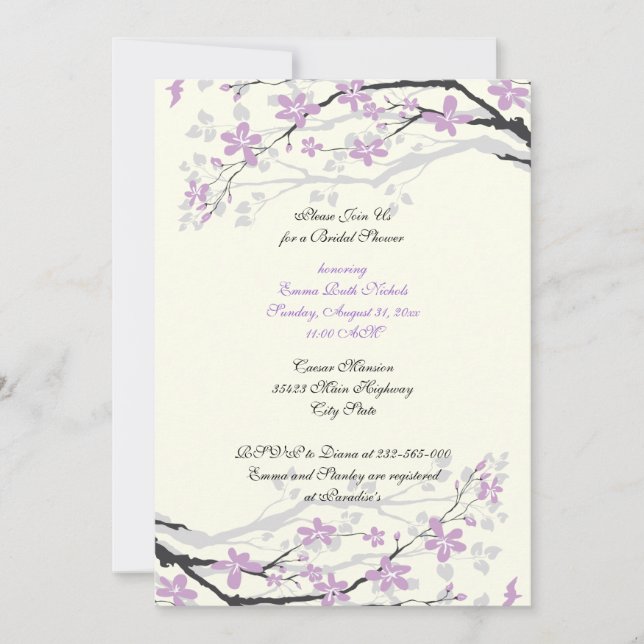 Magnolia purple flowers bridal shower invite (Front)