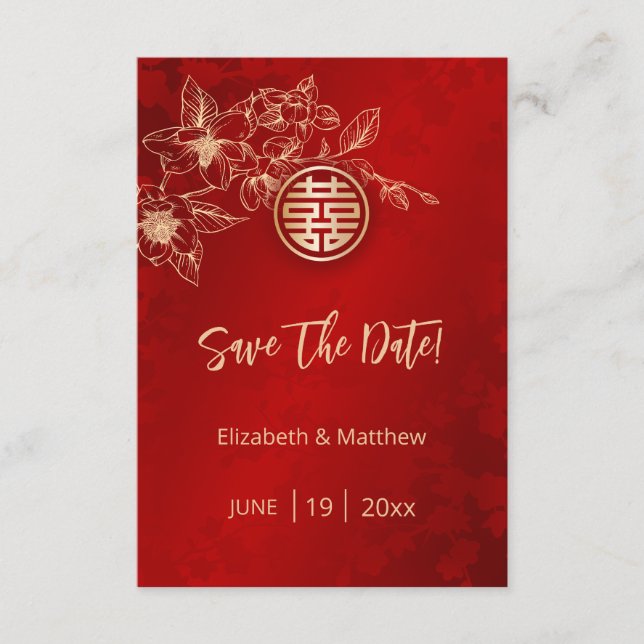 Magnolia Red Chinese Wedding Save The Date Card (Front)