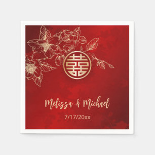 Magnolia Red Gold Chinese Wedding  Napkin
