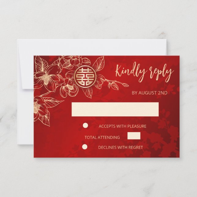 Magnolia Red Gold Chinese Wedding RSVP (Front)