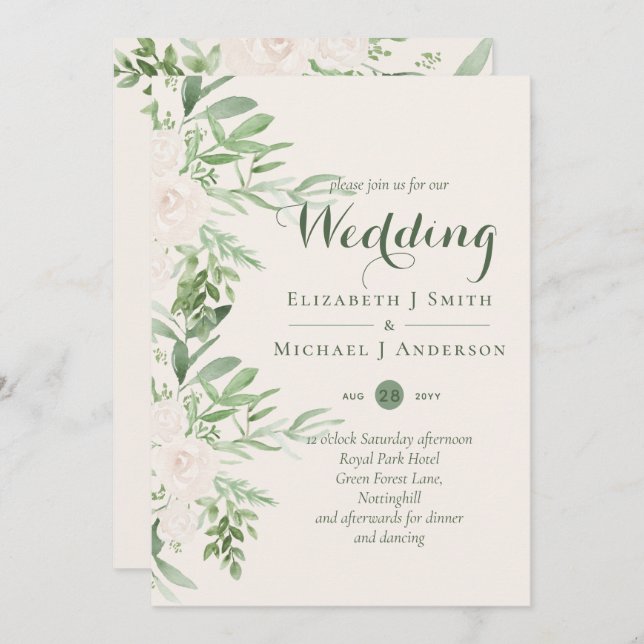 Magnolia Sage Green Floral Wedding Invites (Front/Back)