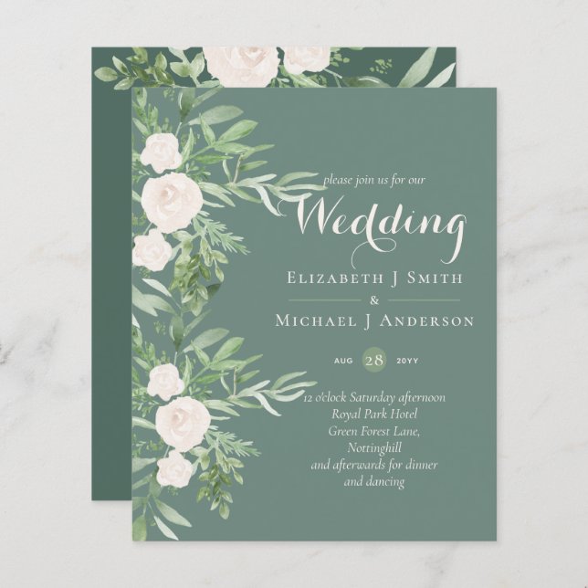 Magnolia Sage Green Floral Wedding Invites BUDGET (Front/Back)