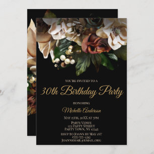 Magnolia Top Gold and Black Floral Birthday Invitation