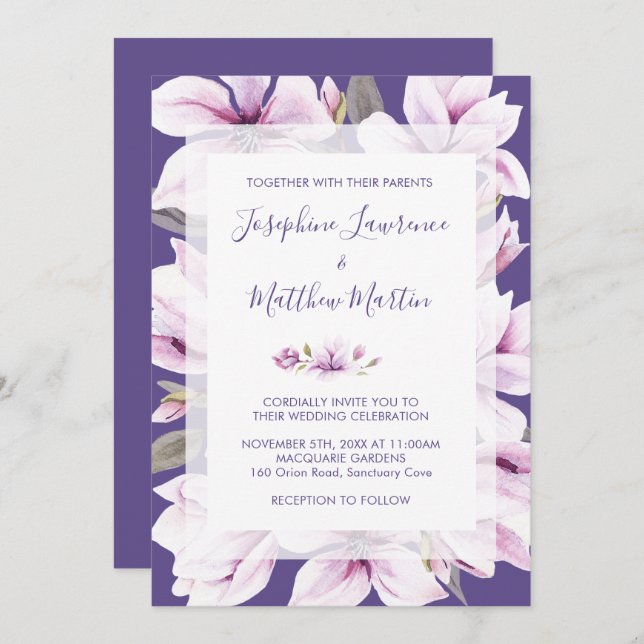 Magnolia Violet Floral Wedding Invitations (Front/Back)