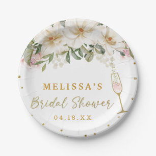 Magnolia Watercolor Champagne Glass Bridal Shower Paper Plate