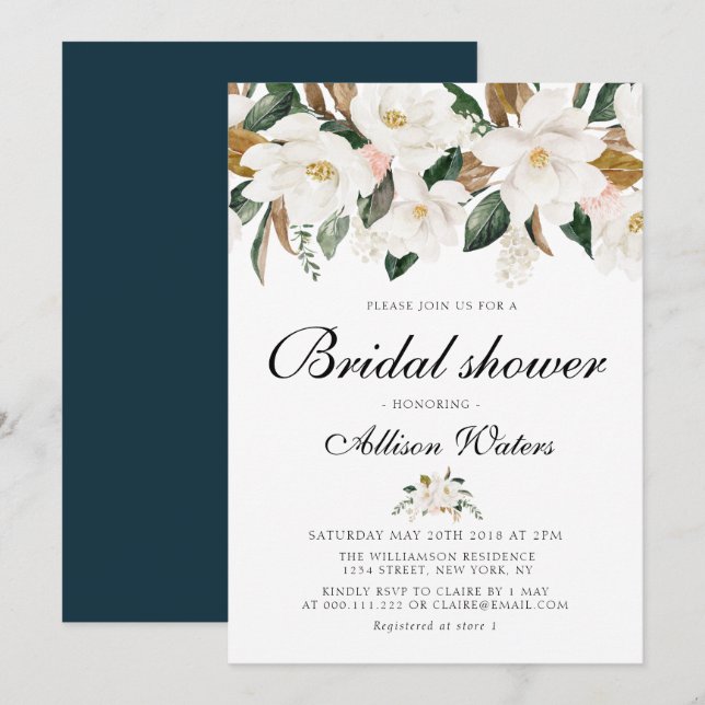 Magnolia watercolor floral bridal shower invitation (Front/Back)