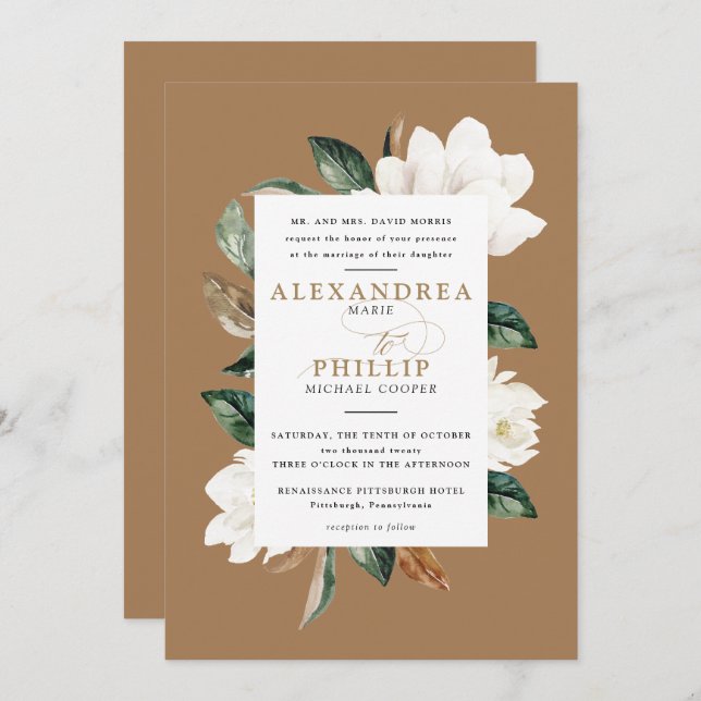 Magnolia Wedding Invitation | Gold (Front/Back)