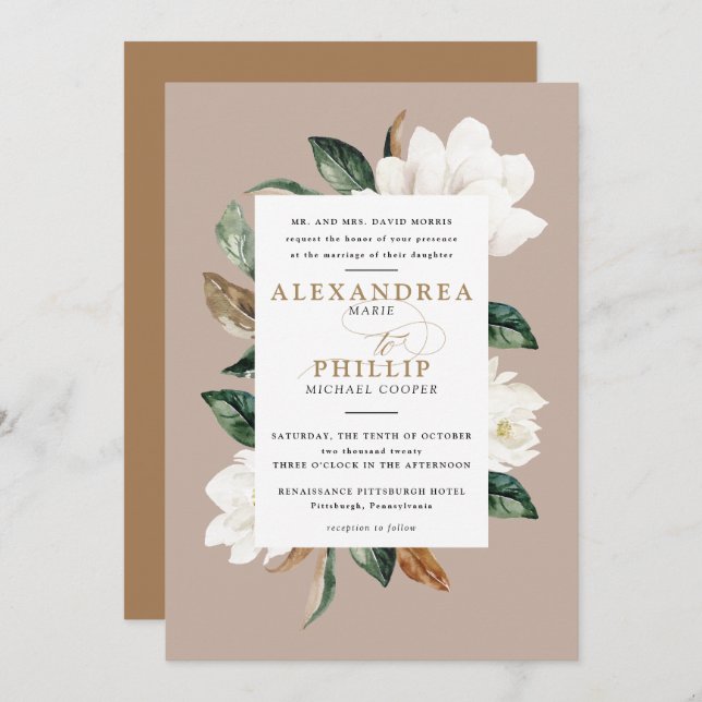 Magnolia Wedding Invitation | Tan (Front/Back)