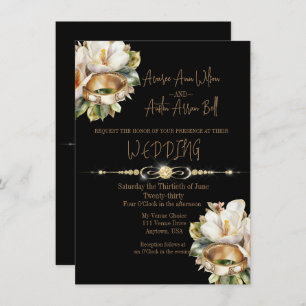 Magnolia Wedding Rings Gold and Black Wedding Invitation
