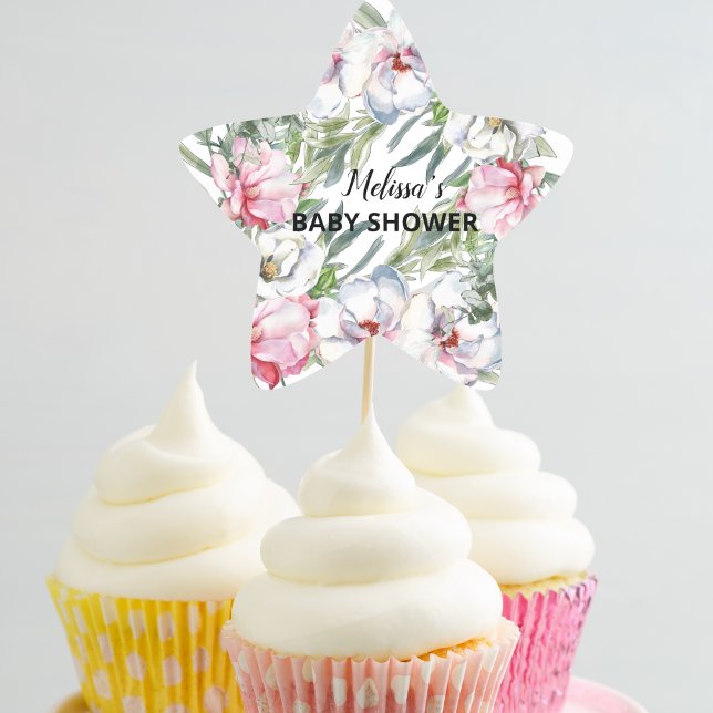 Magnolia White Blush Pink Floral Cupcake Toppers Star Sticker (Creator Uploaded)