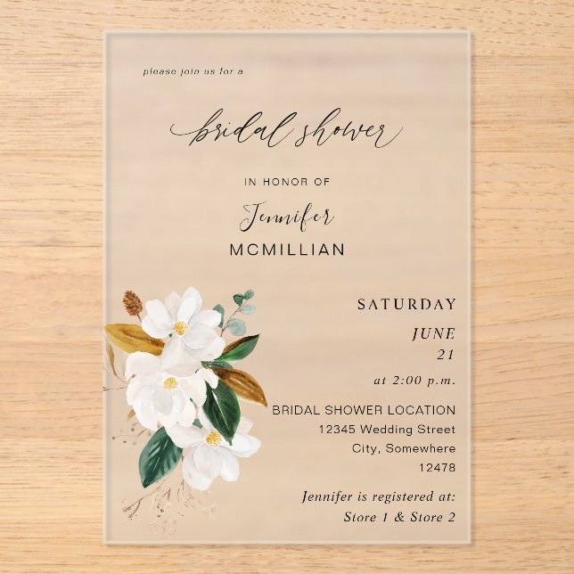 Magnolia White Floral Bridal Shower Acrylic Invitations (Front)