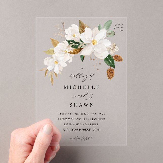 Magnolia White Floral Wedding Acrylic Invitations (Insitu (Handheld))