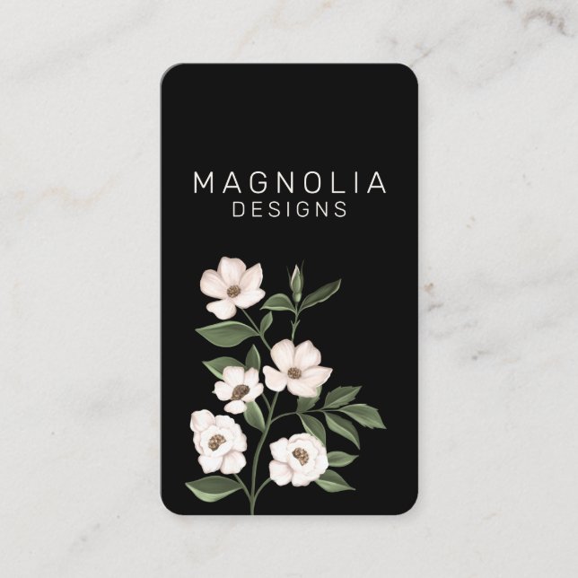 Magnolia White Flower Branch Illustration Black Business Card (Front)