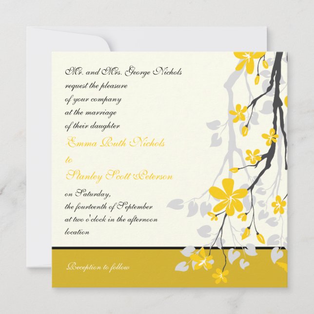Magnolia with yellow flowers wedding invitation (Front)