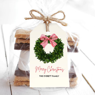 Magnolia Wreath Christmas Gift Tags with Red Bow