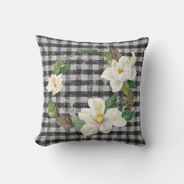 Magnolia Wreath Rustic Farmhouse Black White Check Cushion (Front)