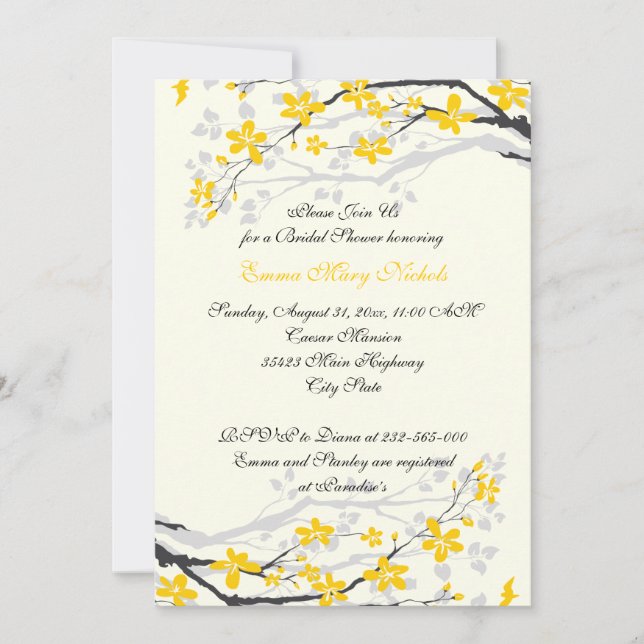 Magnolia yellow, grey flowers bridal shower invitation (Front)