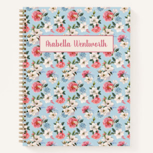 Magnolias and Carnations on Blue Personalised Notebook
