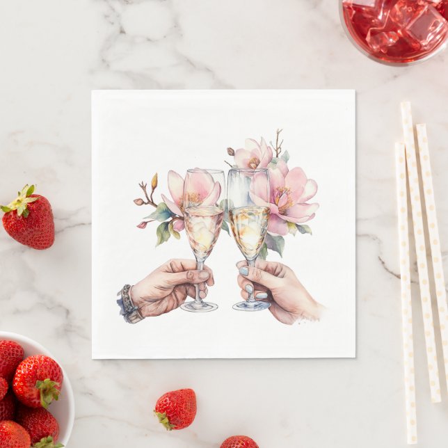 Magnolias and Champagne Glasses Wedding Napkin (Insitu)