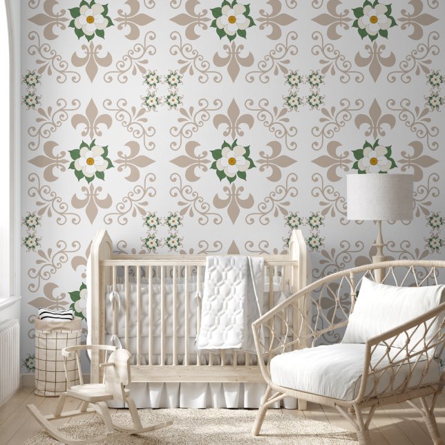 Magnolias and Fleur de Lis Pattern Wallpaper (Kids)