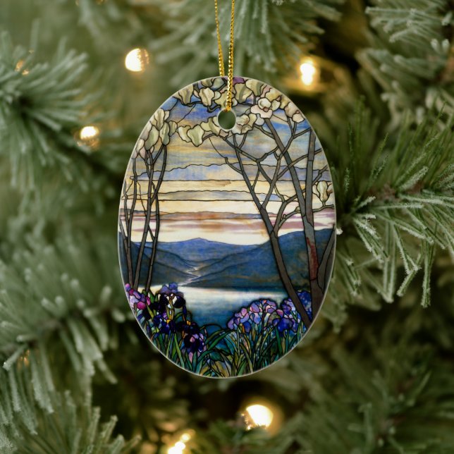 Magnolias and Irises Stained Glass Window Ceramic Ornament (Tree)