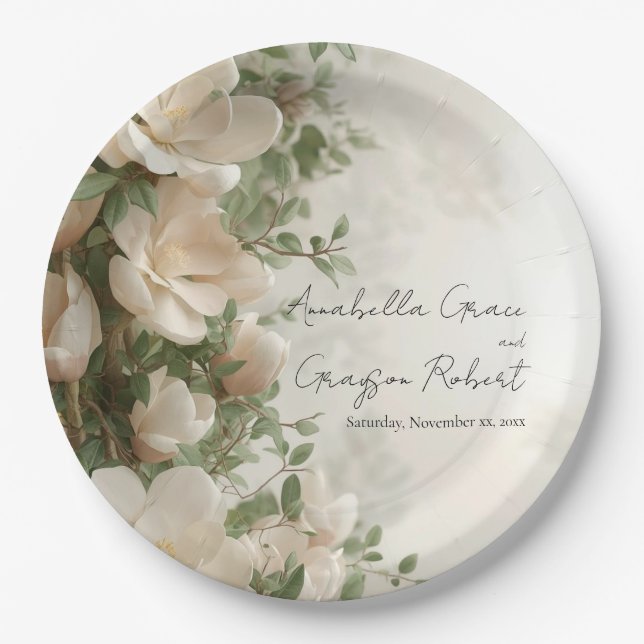 Magnolias and Lights Elegant Floral Wedding Paper Plate (Front)
