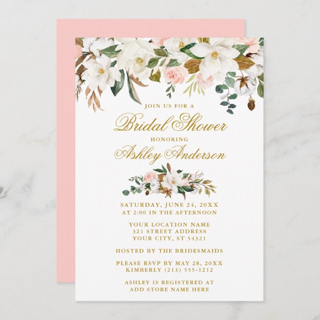 Magnolias Roses Gold Pink Elegant Bridal Shower Invitation (Front/Back)