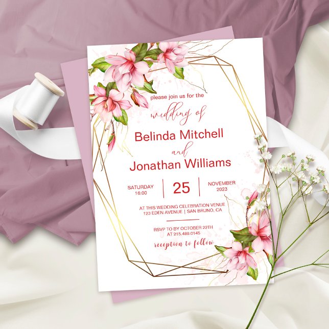 Magnolias with Faux Gold Foil Frame Rustic Wedding Invitation (Creator Uploaded)