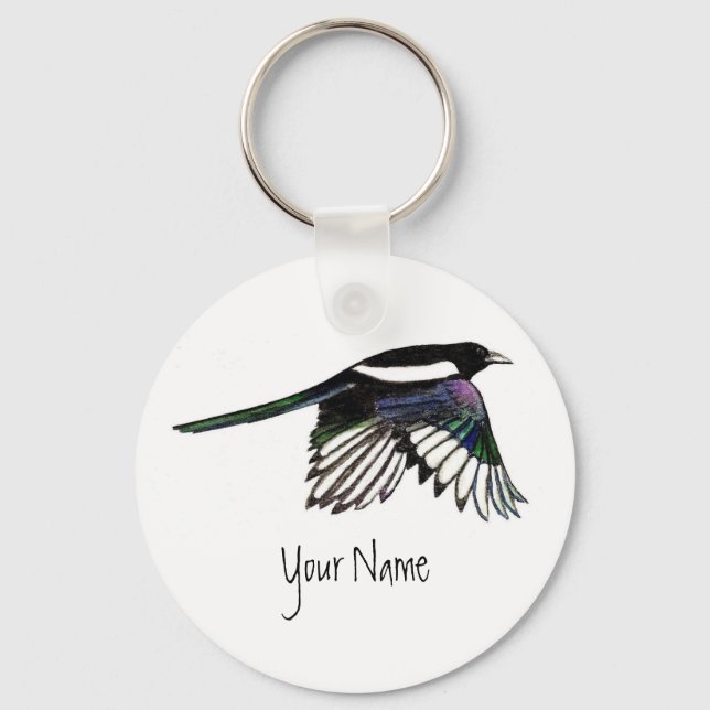 Magpie, Bird to Customise with Your Name Key Ring (Front)