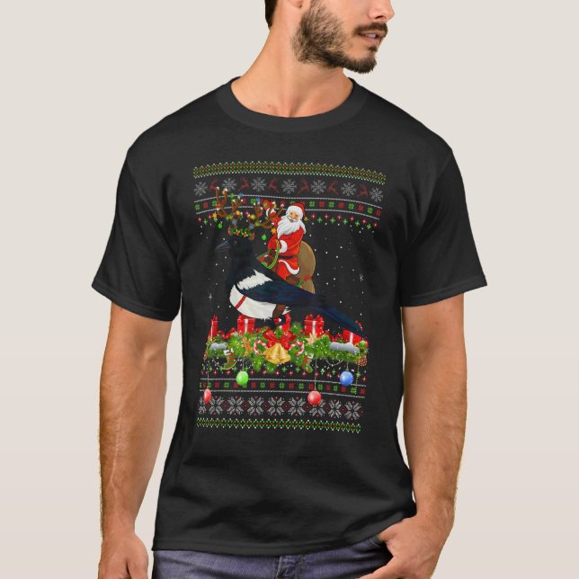 Magpie Bird   Ugly Santa Riding Magpie Christmas T-Shirt (Front)