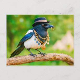 Magpie Covered in Jewellery and Gems Holiday Postcard
