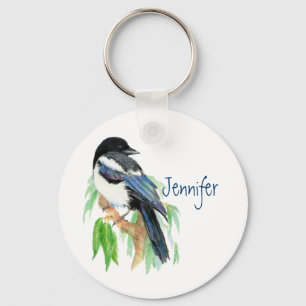 Magpie in Willow Tree, Bird, Garden to Customise K Key Ring