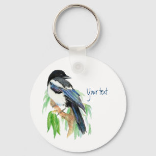 Magpie in Willow Tree, Bird, Garden to Customise Key Ring