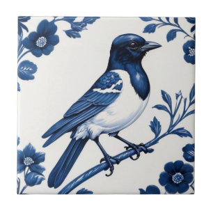 Magpie like Bird Delft Blue and White Floral Ceramic Tile