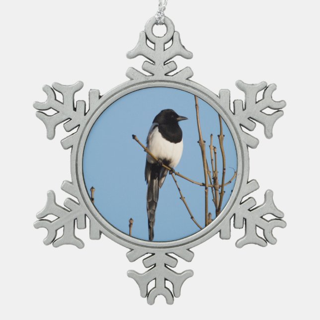 Magpie Snowflake Pewter Christmas Ornament (Front)