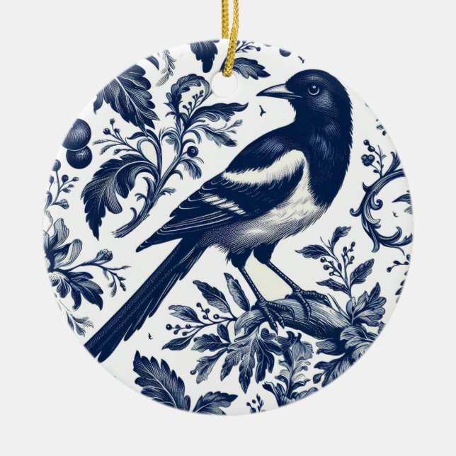 Magpie Toile Vintage Charm  Ceramic Ornament (Front)