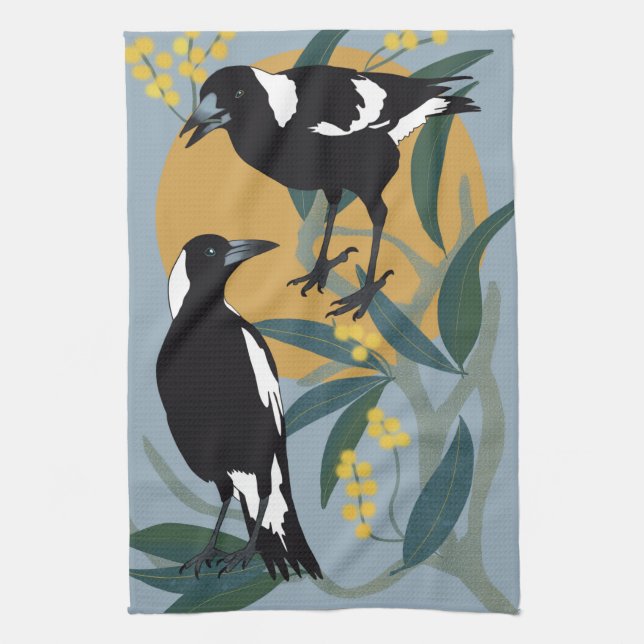 Magpies In The Winter Sun Tea Towel (Vertical)