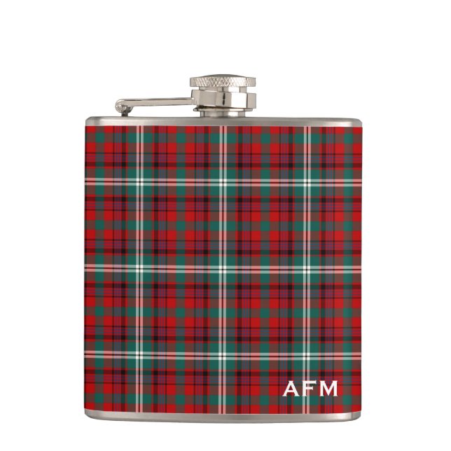 Maguire Tartan Monogram Bright Red and Green Plaid Hip Flask (Front)