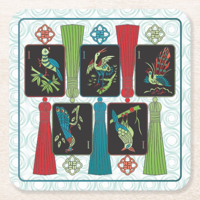 Mah Jongg Bird Tassels Coasters (Front)
